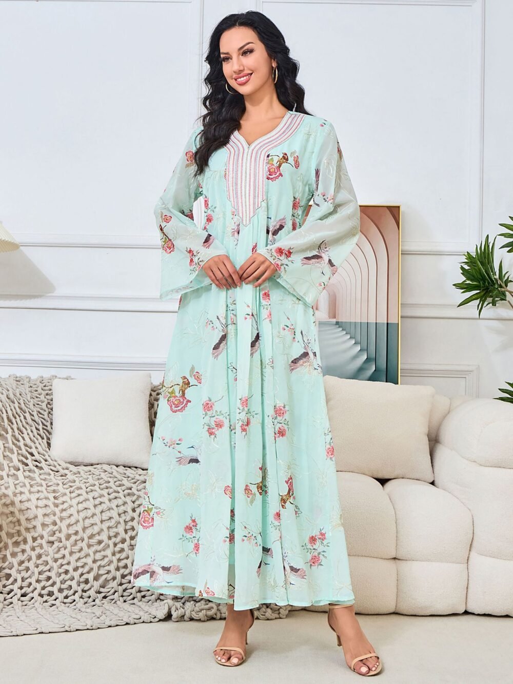 Mint Green Chiffon Embroidered Kaftan Dress