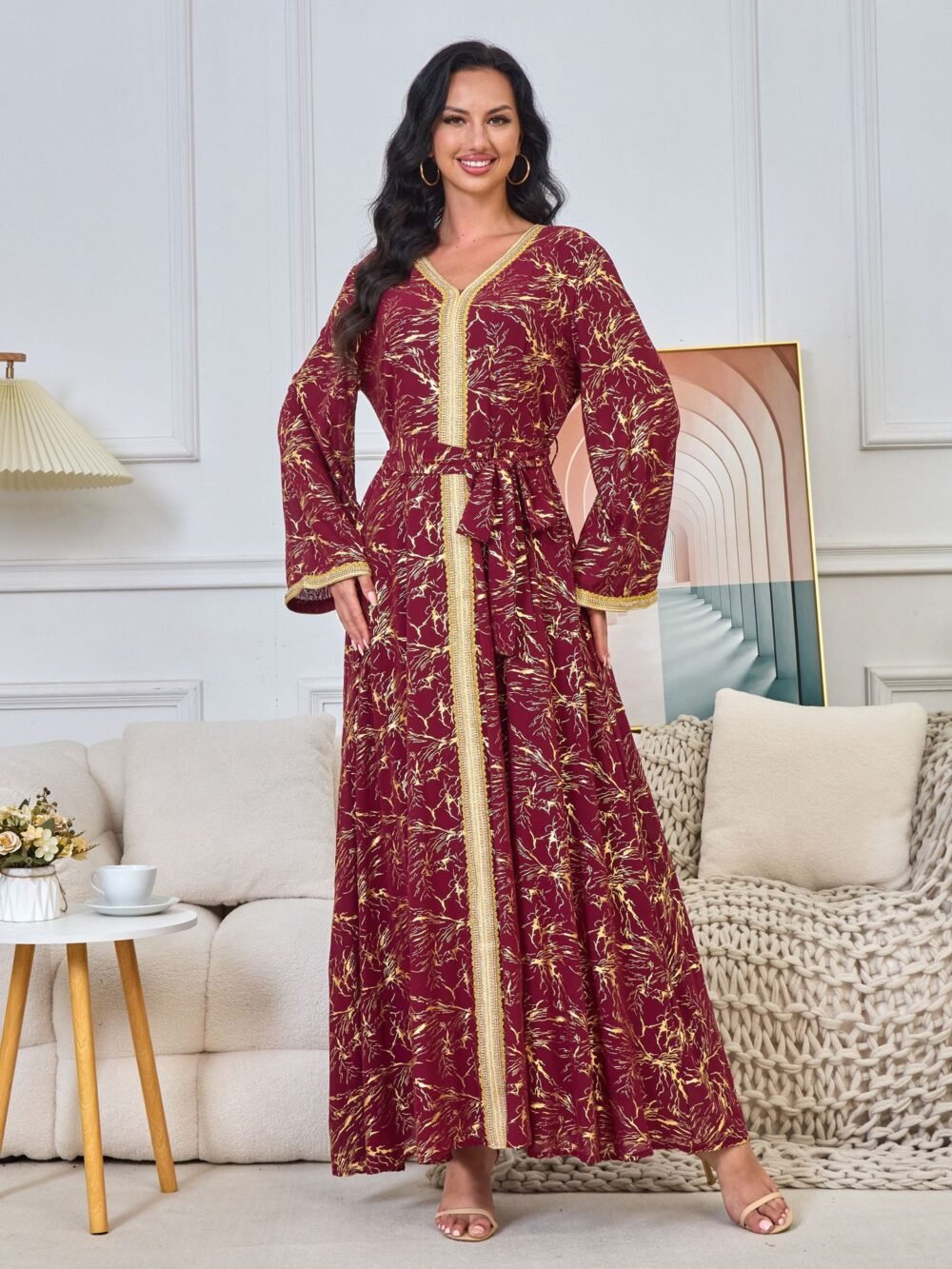 Gold Foil Pattern Bell Sleeve Muslim Caftan Dress