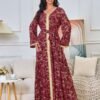 Gold Foil Pattern Bell Sleeve Muslim Caftan Dress