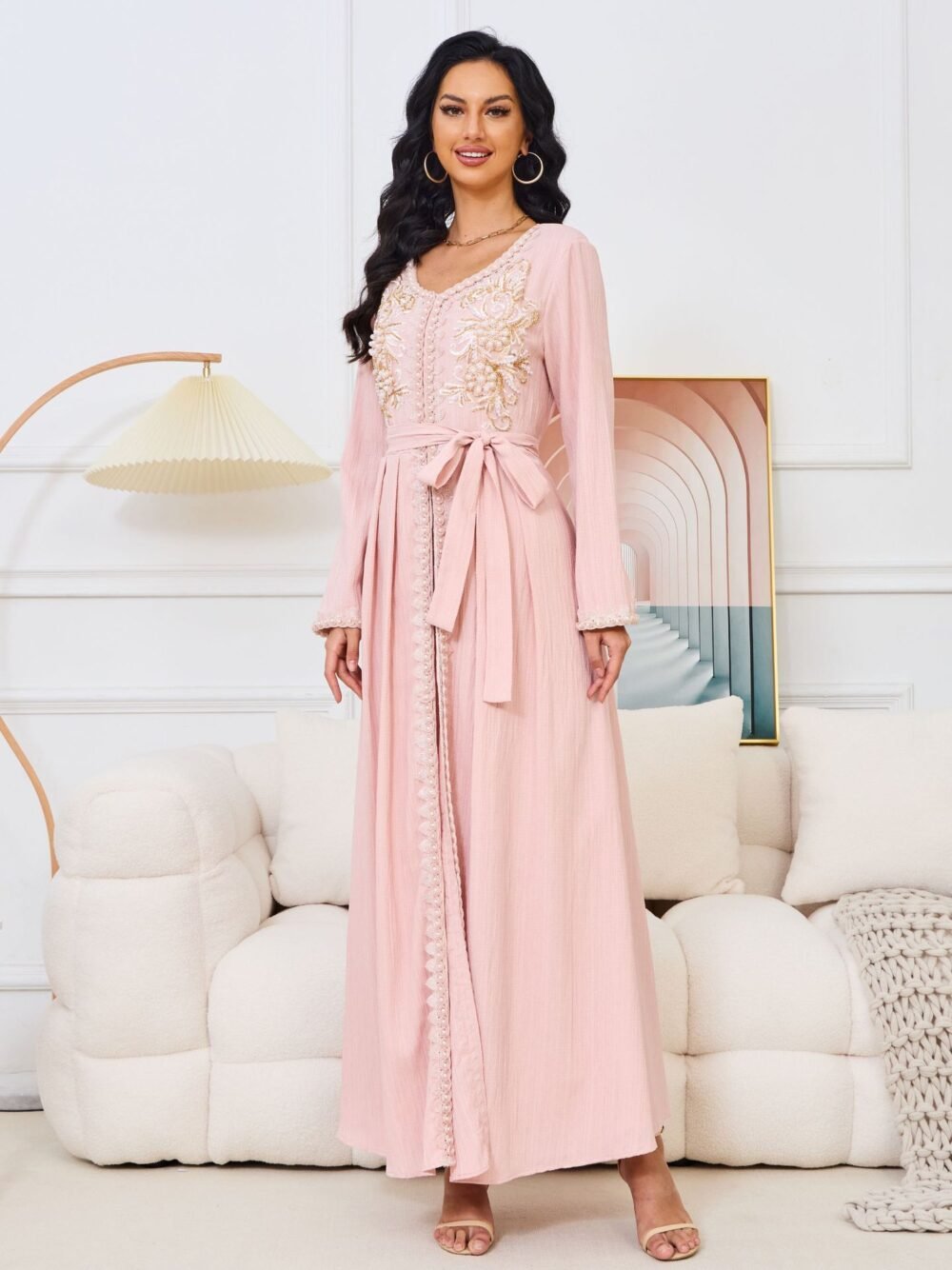 Pearl Decor Beads Embroidered Pink Kaftan Dress