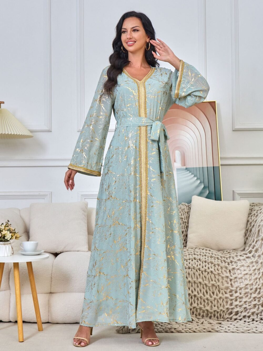 Gold Foil Pattern Bell Sleeve Muslim Caftan Dress