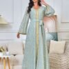 Gold Foil Pattern Bell Sleeve Muslim Caftan Dress