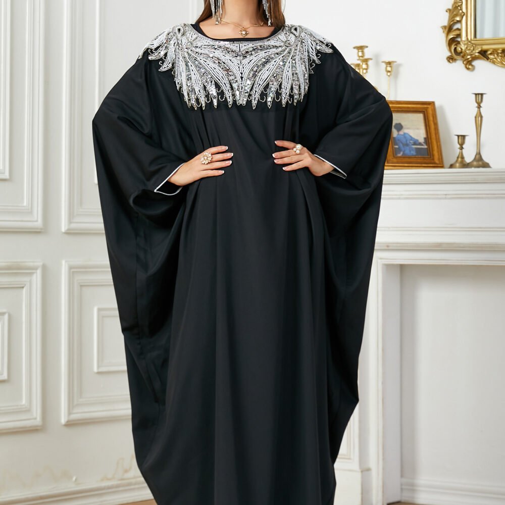 Sequin Beading Embroidered Black Women Muslim Kaftan