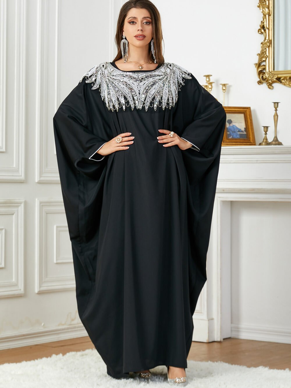 Sequin Beading Embroidered Black Women Muslim Kaftan