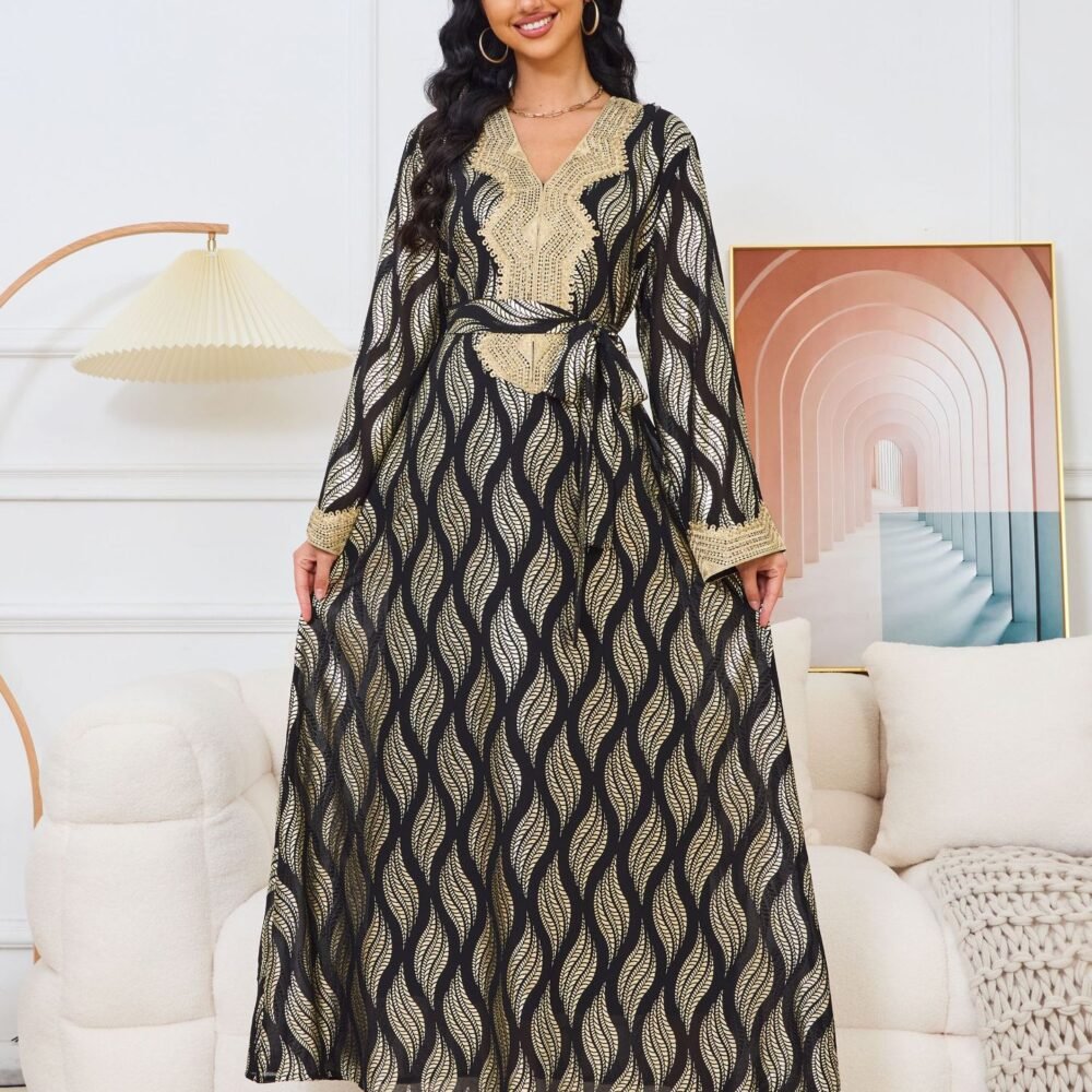 Gold Foil Sheer Embroidered Abaya Robe Dress