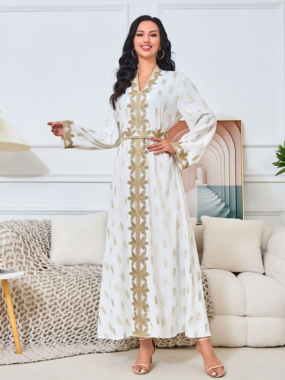 Gold Foil Trim Embellishment Muslim Kaftan Dress