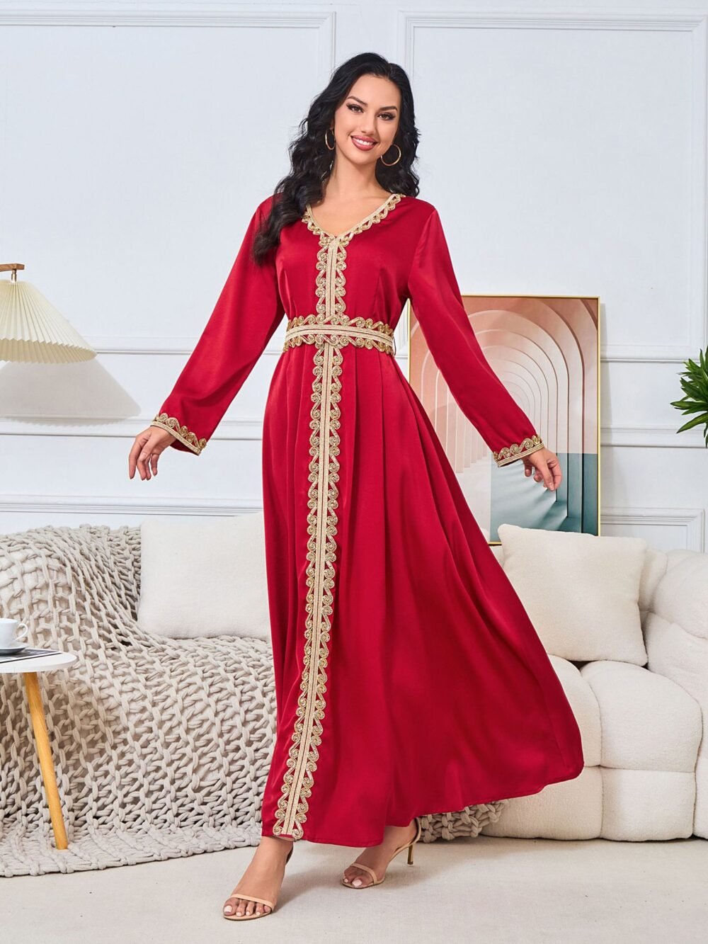 Beaded Red Kaftan Dress With Belt