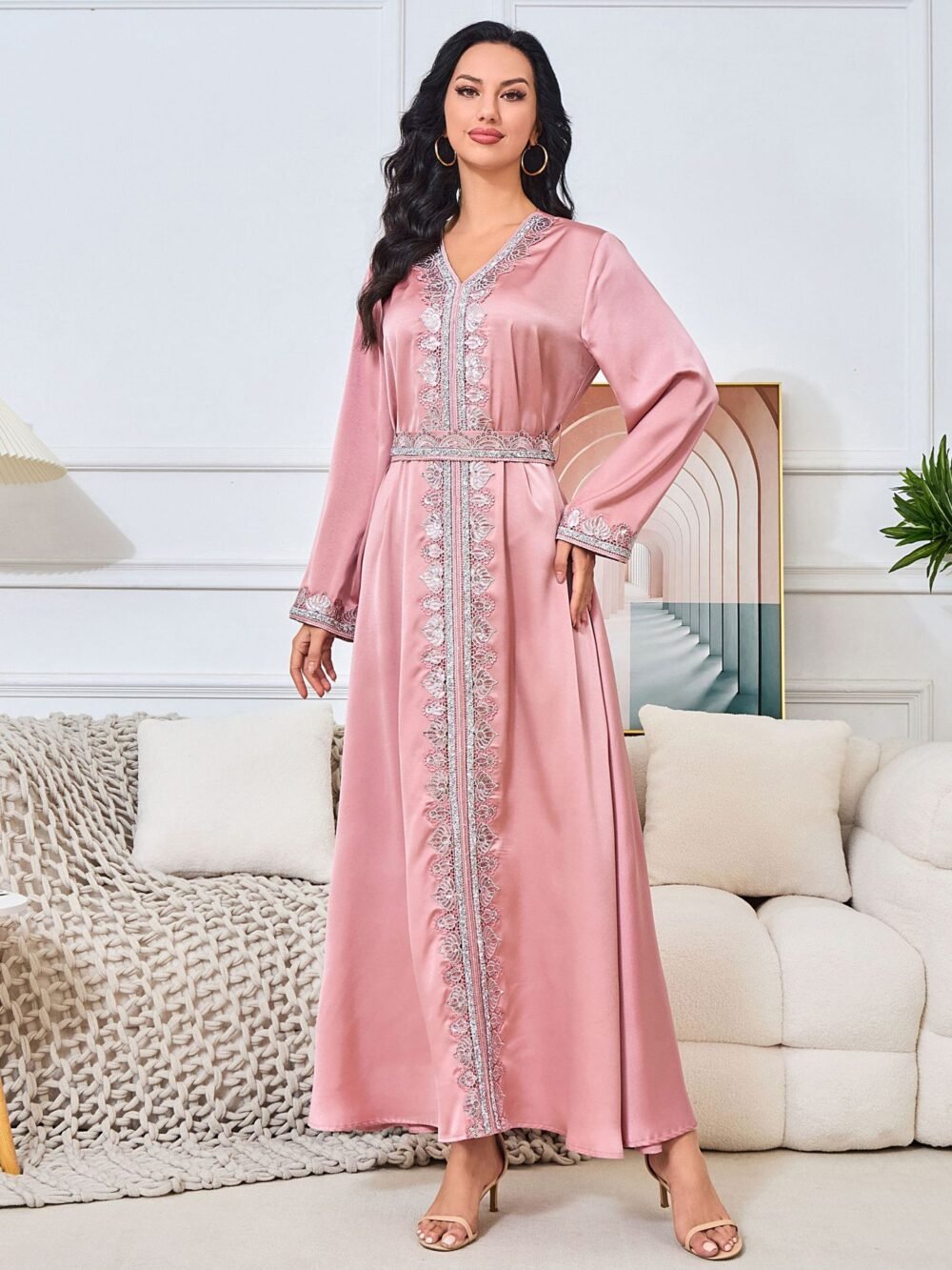 V Neckline Embellishment Pink Belted Kaftan Dress