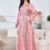 V Neckline Embellishment Pink Belted Kaftan Dress