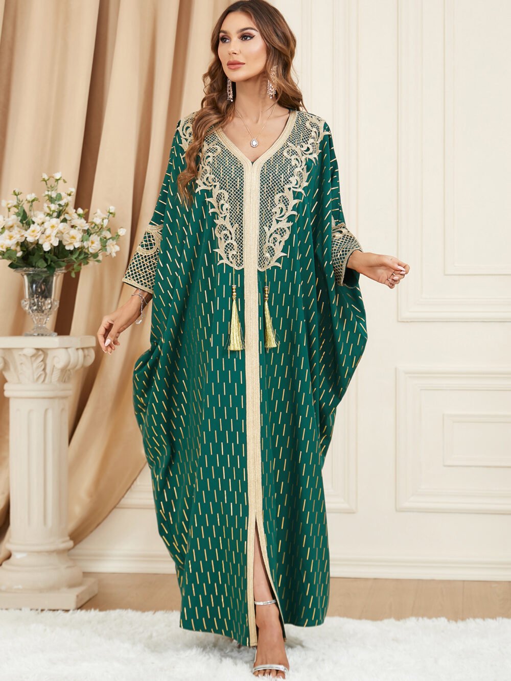 Gold Foil Tassel Decor Green Muslim Kaftan