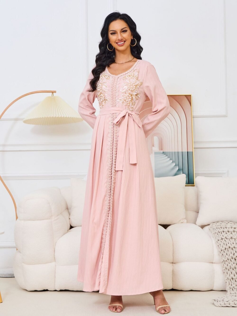 Pearl Decor Beads Embroidered Pink Kaftan Dress