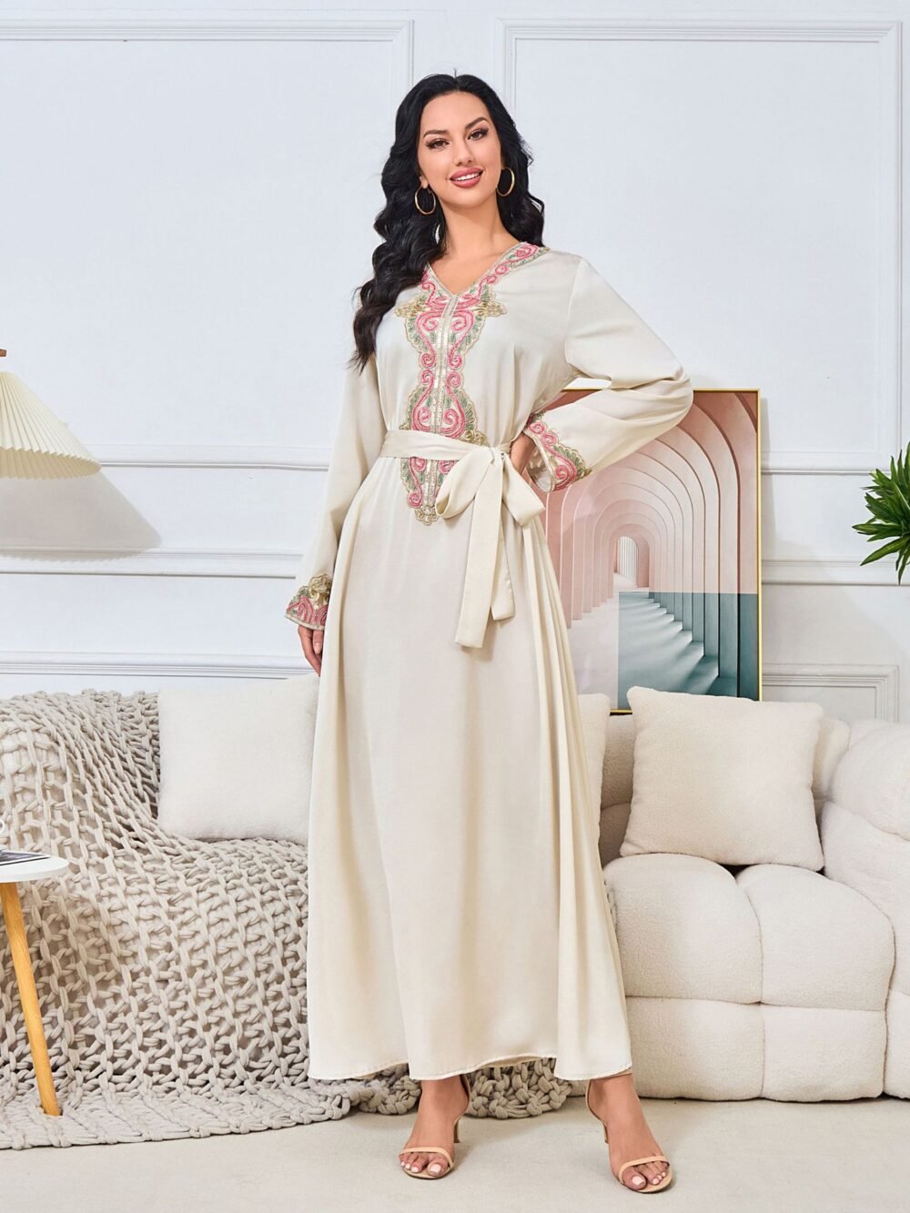 Beaded Embroidered Belted Kaftan Dress