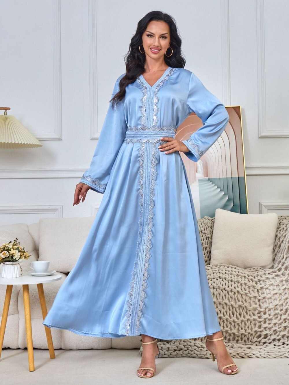 Trim Decor Muslim Blue Caftan Dress