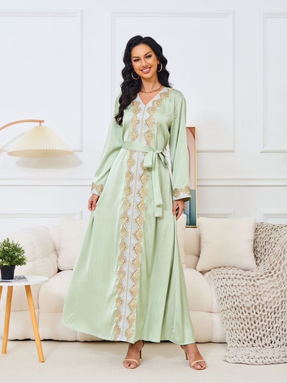 Sequnis Embroidery Green Belted Kaftan Dress