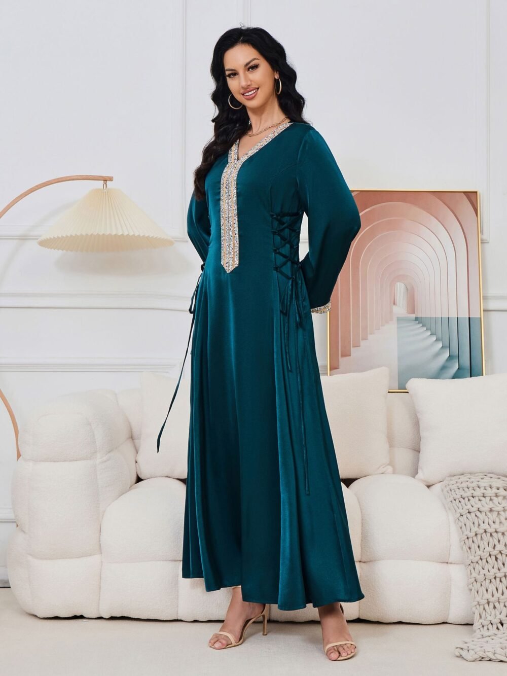 Lace Up embellishment Dark Green Muslim Abaya Dress