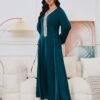 Lace Up embellishment Dark Green Muslim Abaya Dress