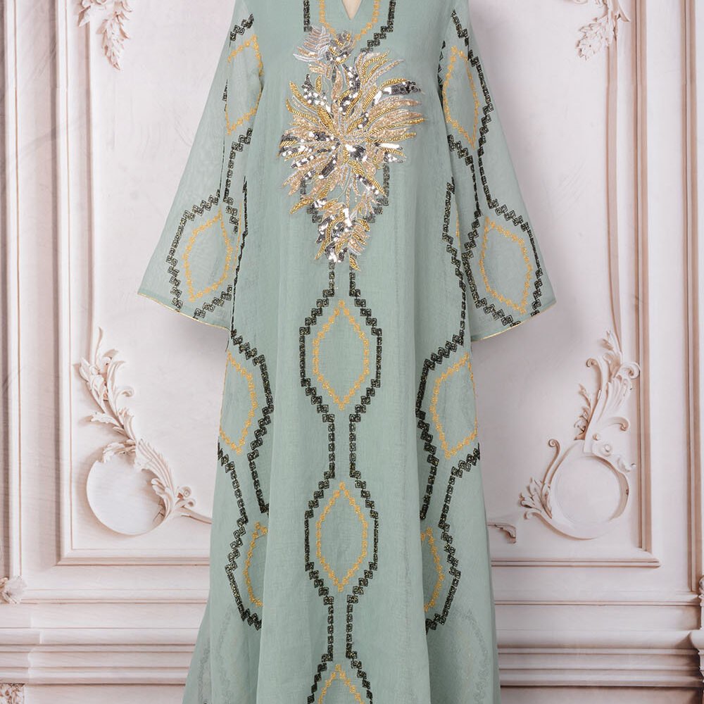 Sequins Beading Embroidered Chiffon Mint Green Kaftan Dress