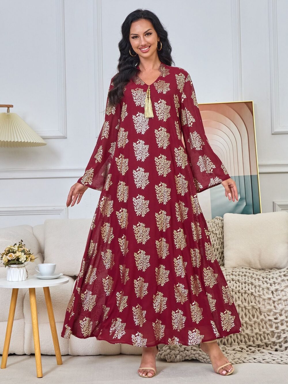 V-notched Collar Maroon Gold Foil Leaf Muslim Kafan Dress