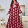 V-notched Collar Maroon Gold Foil Leaf Muslim Kafan Dress