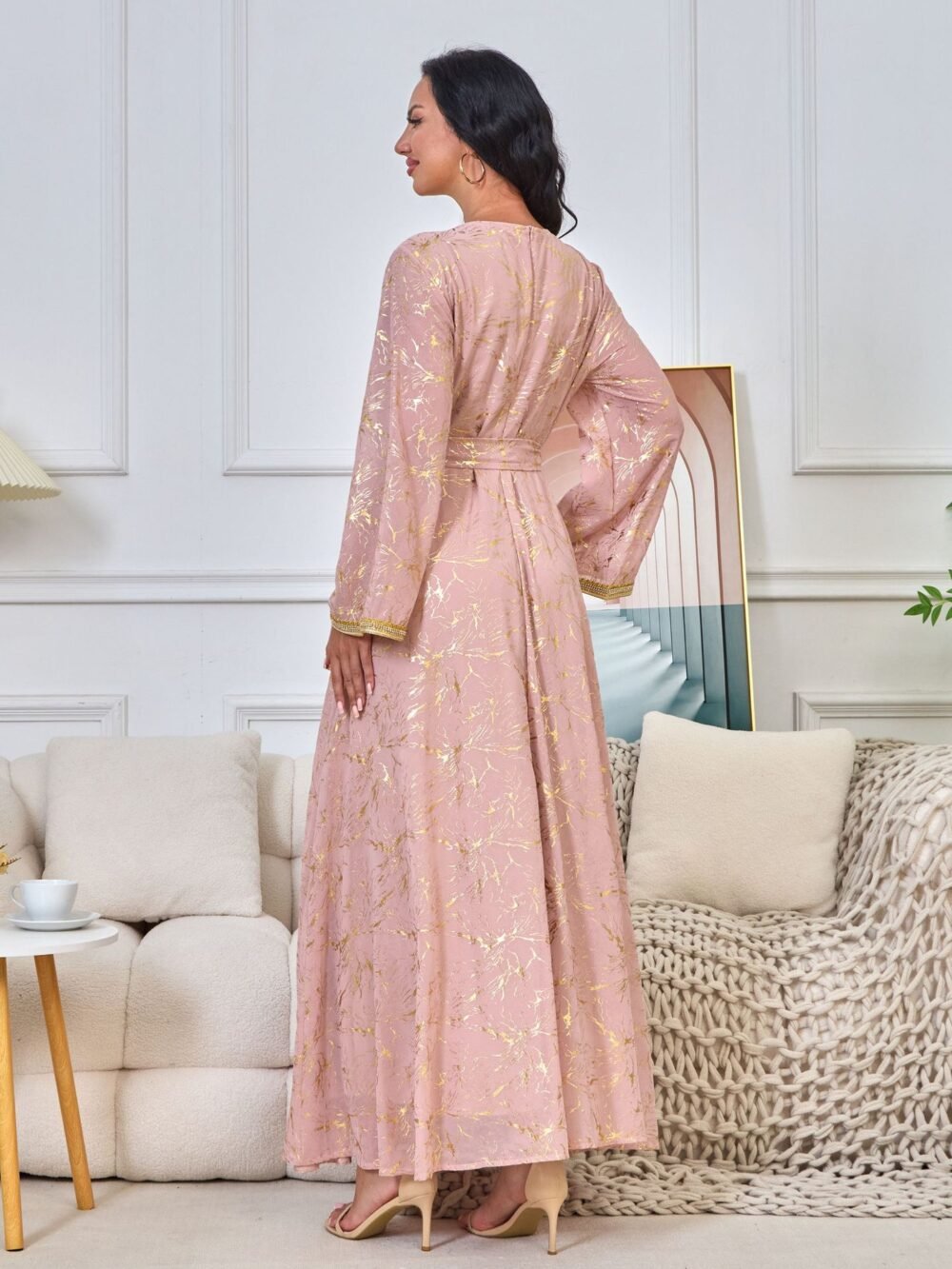 Gold Foil Pattern Bell Sleeve Muslim Caftan Dress