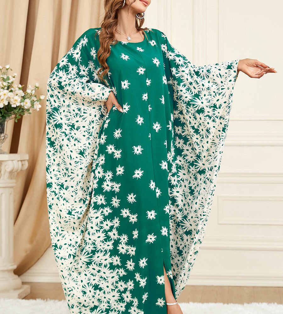 Middle East Printed Floral Green Women Kaftan