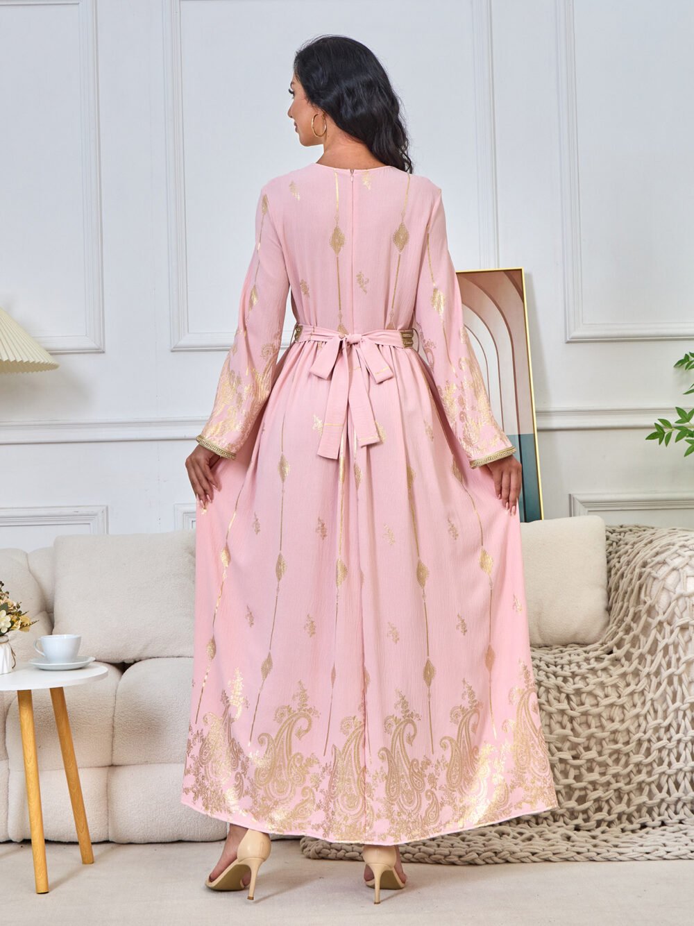 Gold Foil Belted Moroccan Pink Caftan