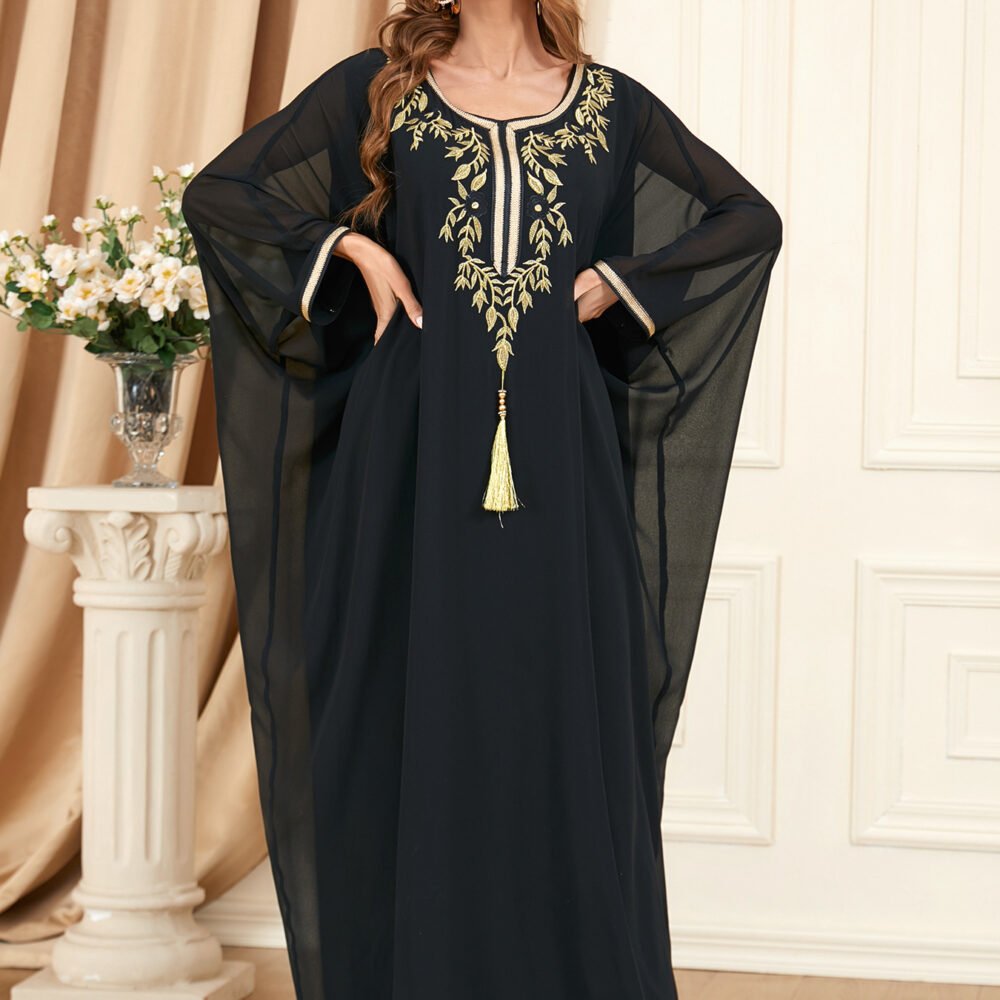 Tassel Decor Embroidered Black Chiffon Katan