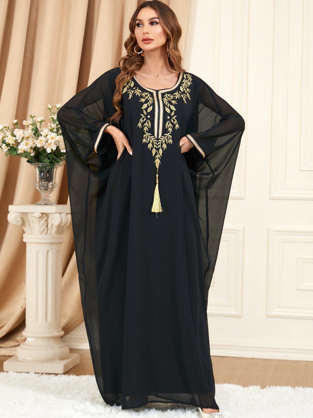 Tassel Decor Embroidered Black Chiffon Katan