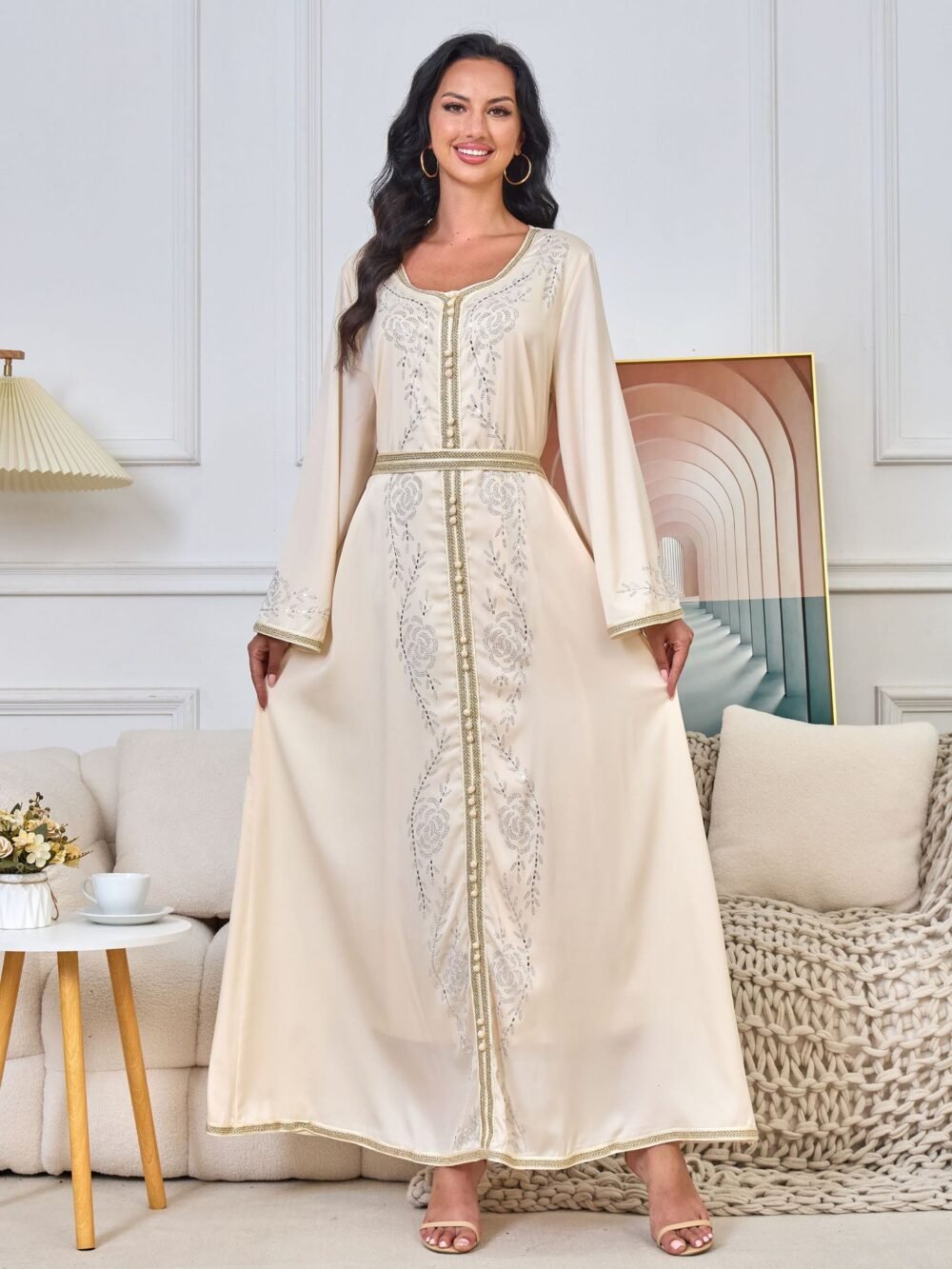 Hot Drilling Diamond Belted Kaftan Rhinestone Dress