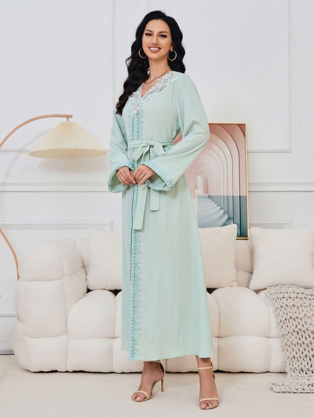 Pearl Decor Beads Embroidered Mint Green Kaftan Dress