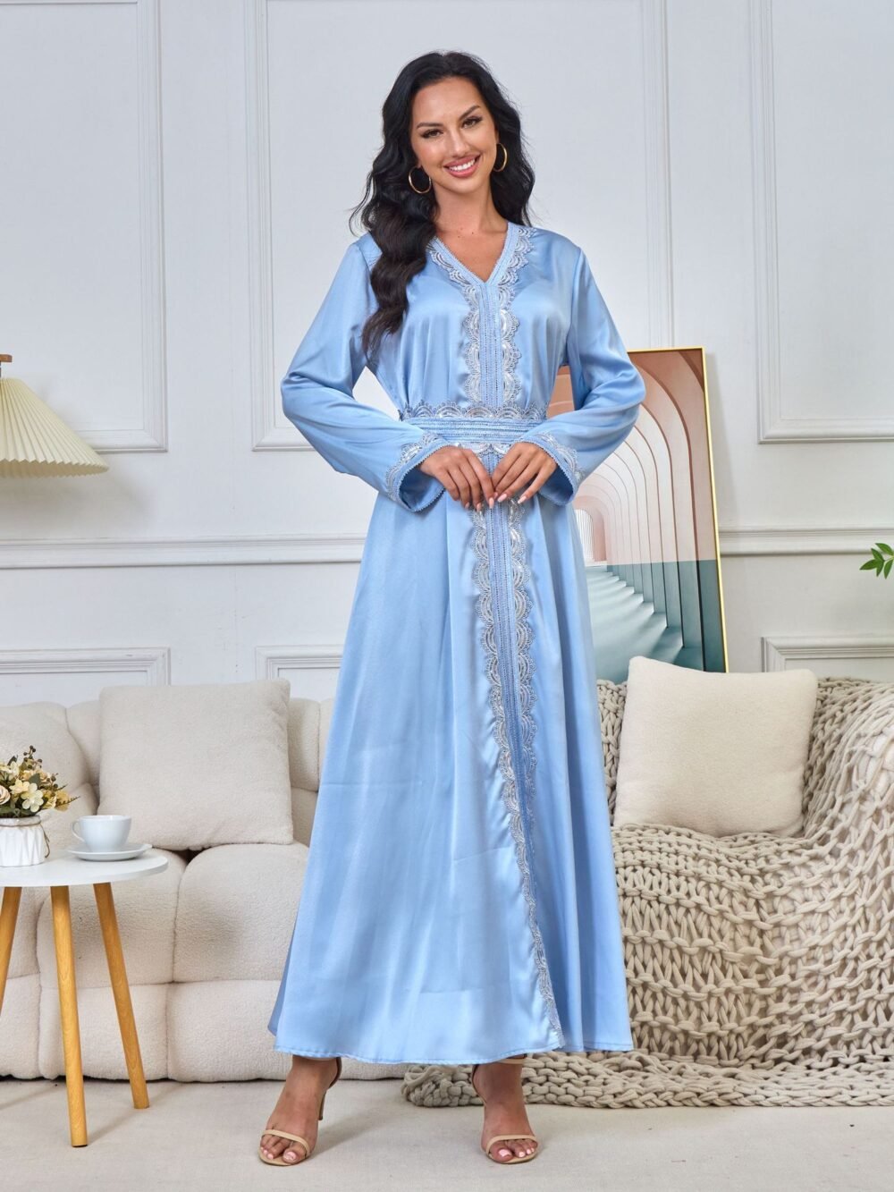 Trim Decor Muslim Blue Caftan Dress