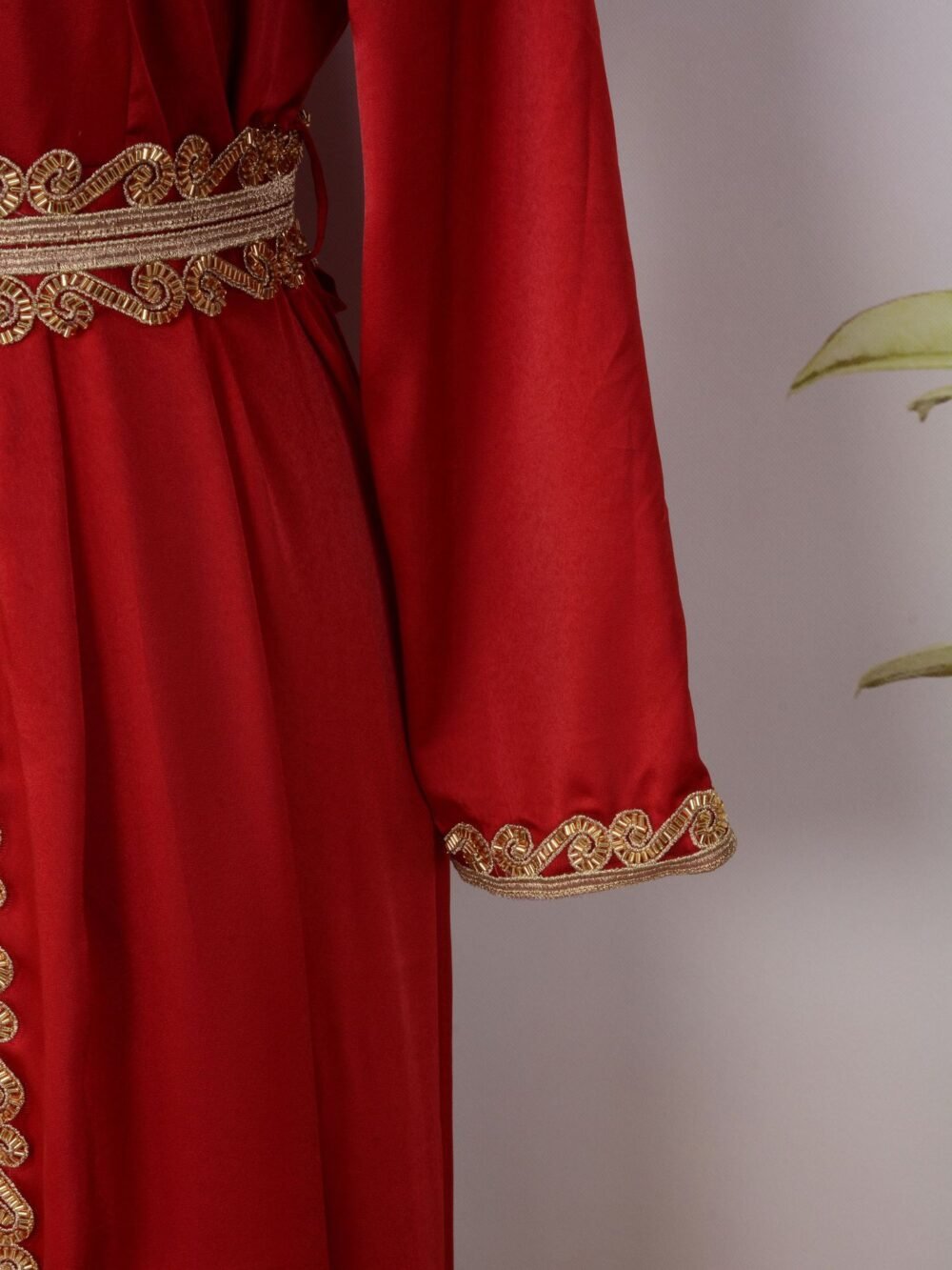 Beaded Red Kaftan Dress With Belt