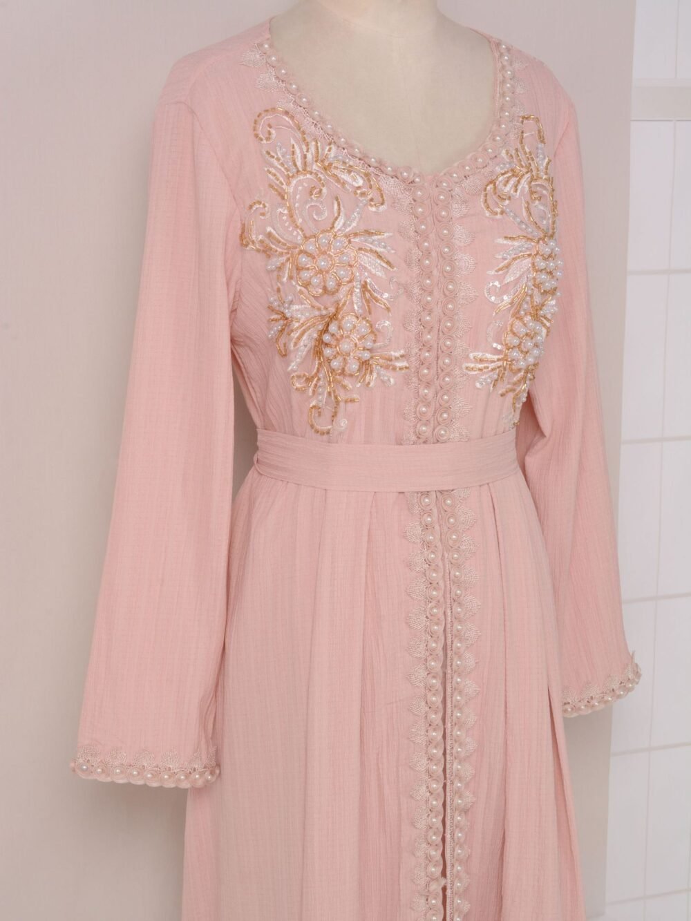 Pearl Decor Beads Embroidered Pink Kaftan Dress