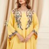 Plus Size Embroidered Batwing Sleeve Yellow Kaftan