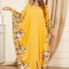 Batwing Sleeve Printed Floral Yellow Muslim Kaftan