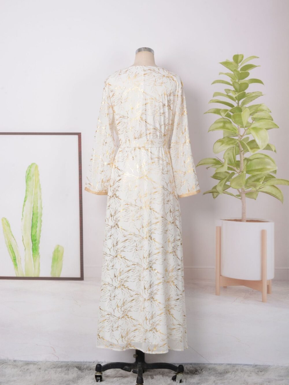 Gold Foil Diamond Embroidered Kaftan Dress