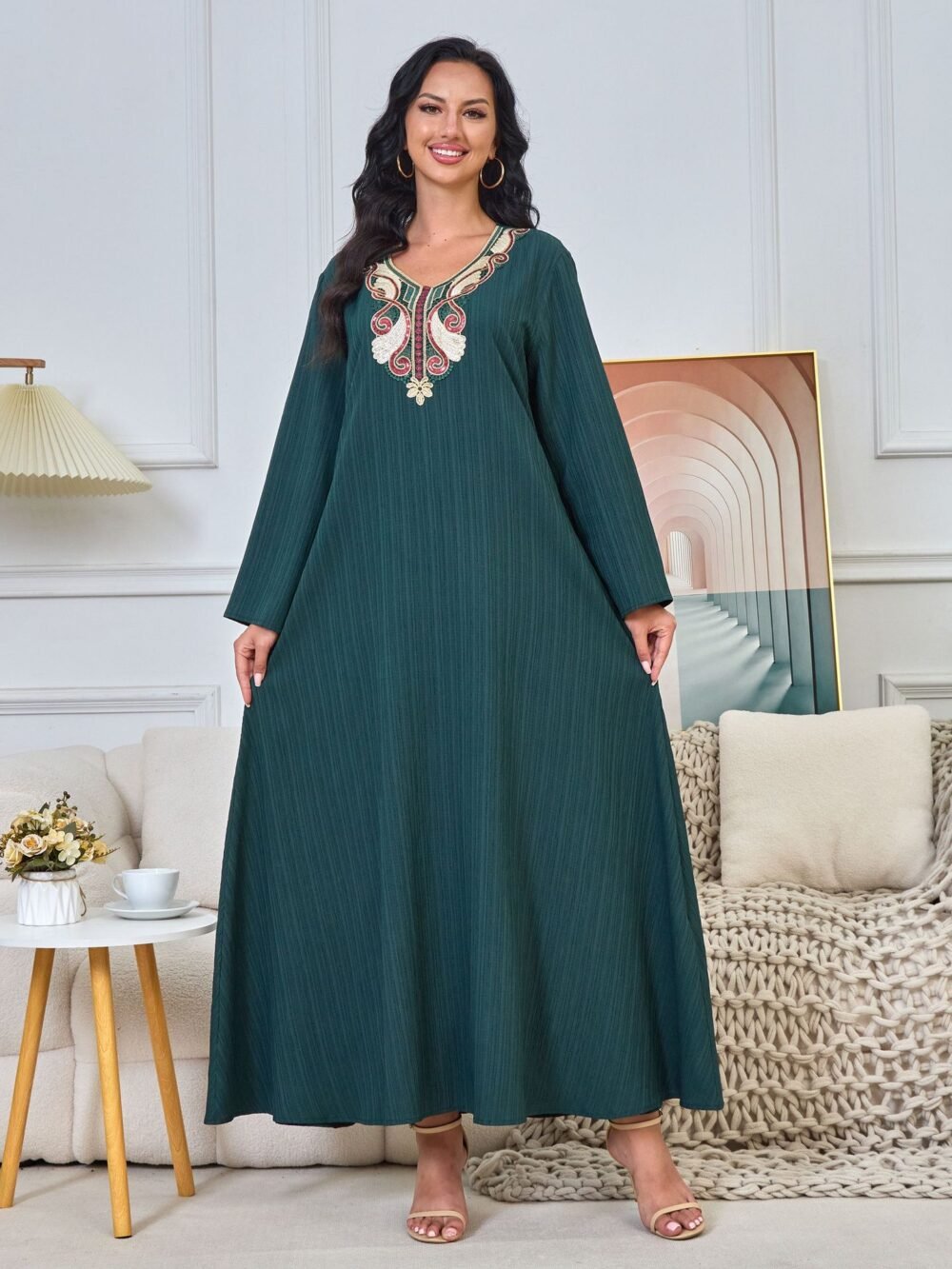 Floral Embroidered Muslim Belted Green Caftan Dress