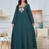 Floral Embroidered Muslim Belted Green Caftan Dress