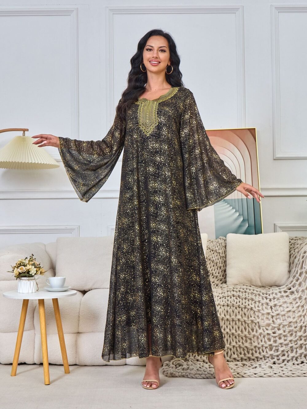 Embroidered Diamonds Muslim Women Black Caftan Dress