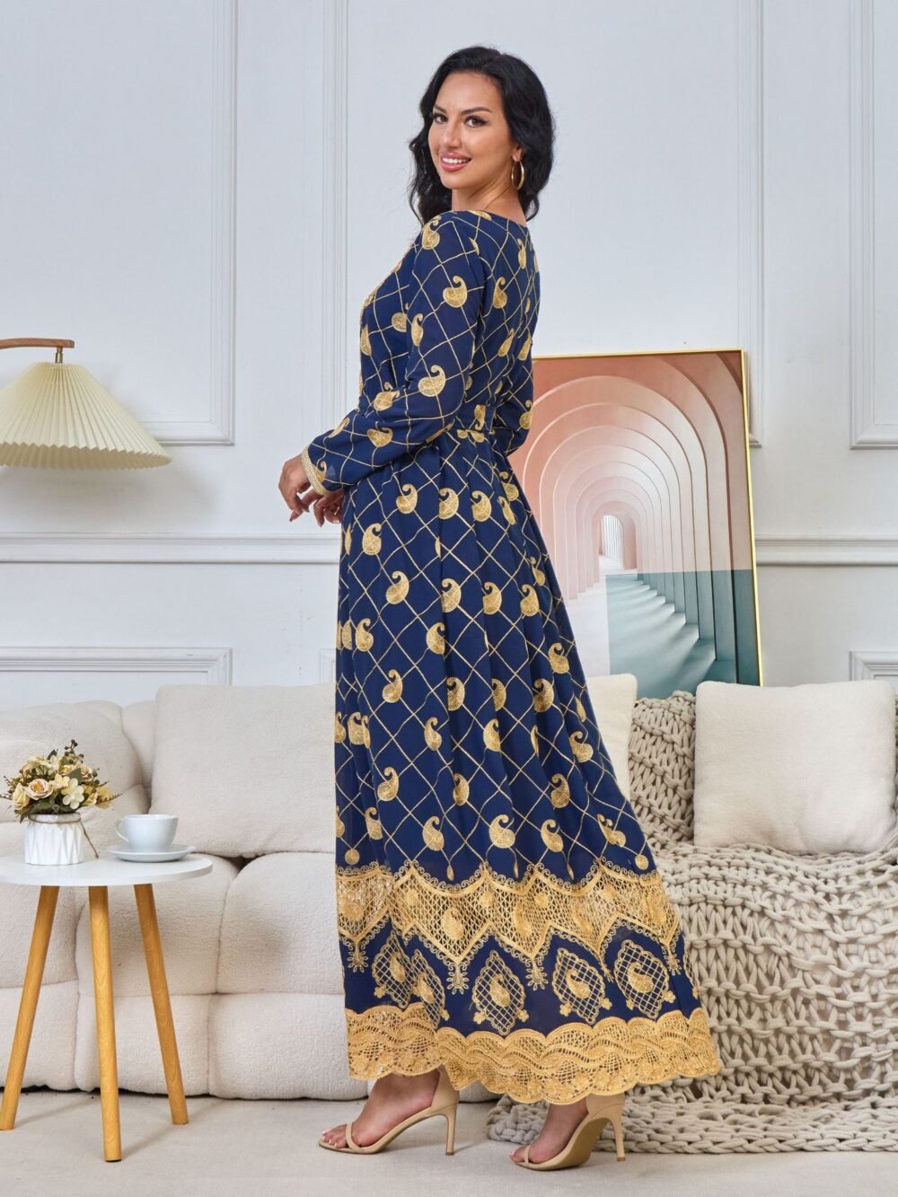 V Neckline Beaded Embroidered Women Blue Caftan Party Dress With Belt