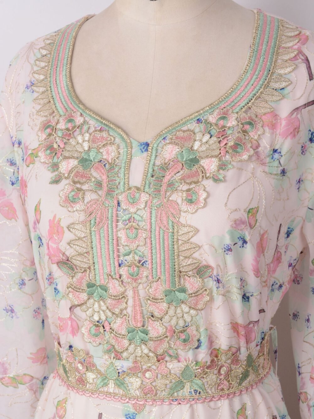 Round Neckline Floral Embroidered Kaftan Dress