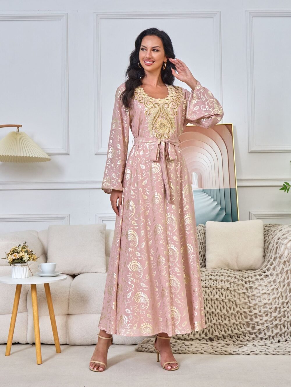 Gold Foil Embroidered Islamic Dress Muslim Pink Caftan