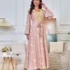 Gold Foil Embroidered Islamic Dress Muslim Pink Caftan