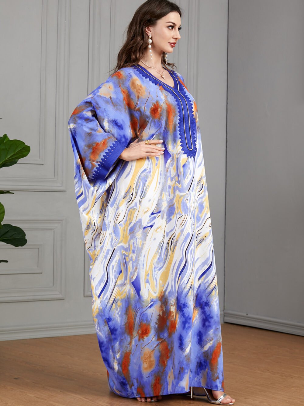 Oversized Watercolor Pattern Polyester Kaftan