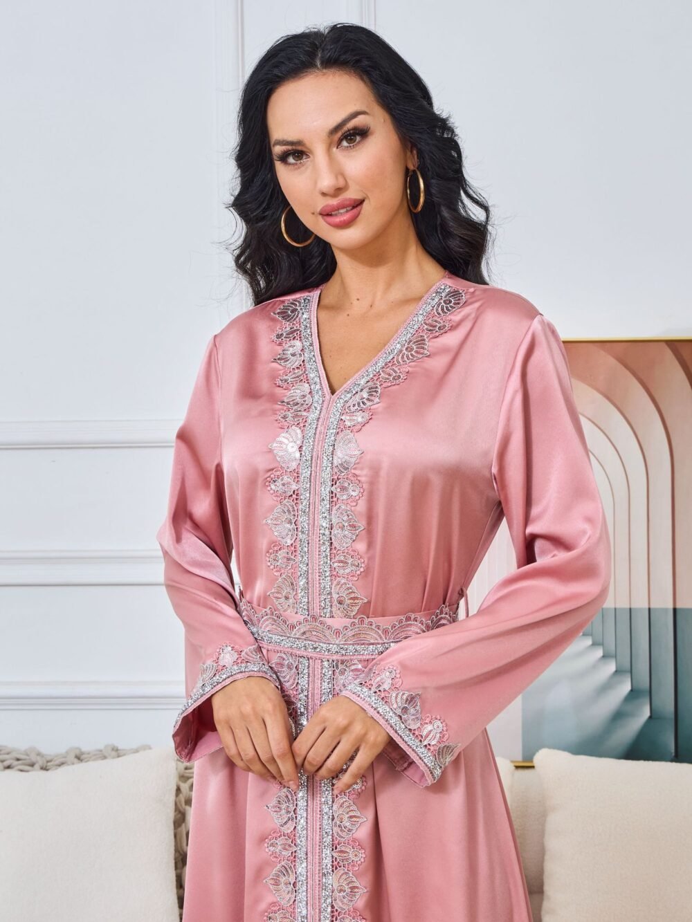 V Neckline Embellishment Pink Belted Kaftan Dress