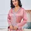 V Neckline Embellishment Pink Belted Kaftan Dress