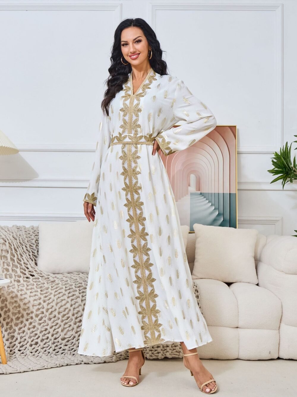 Gold Foil Trim Embellishment Muslim Kaftan Dress