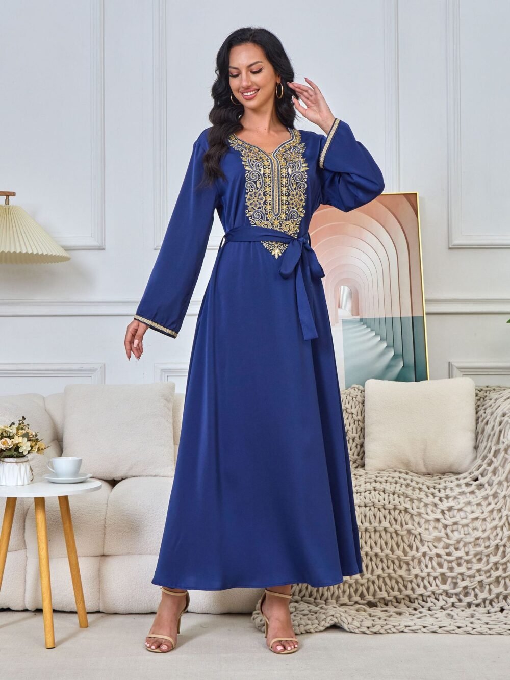 Beaded Embroidered Muslim Blue Caftan Dress