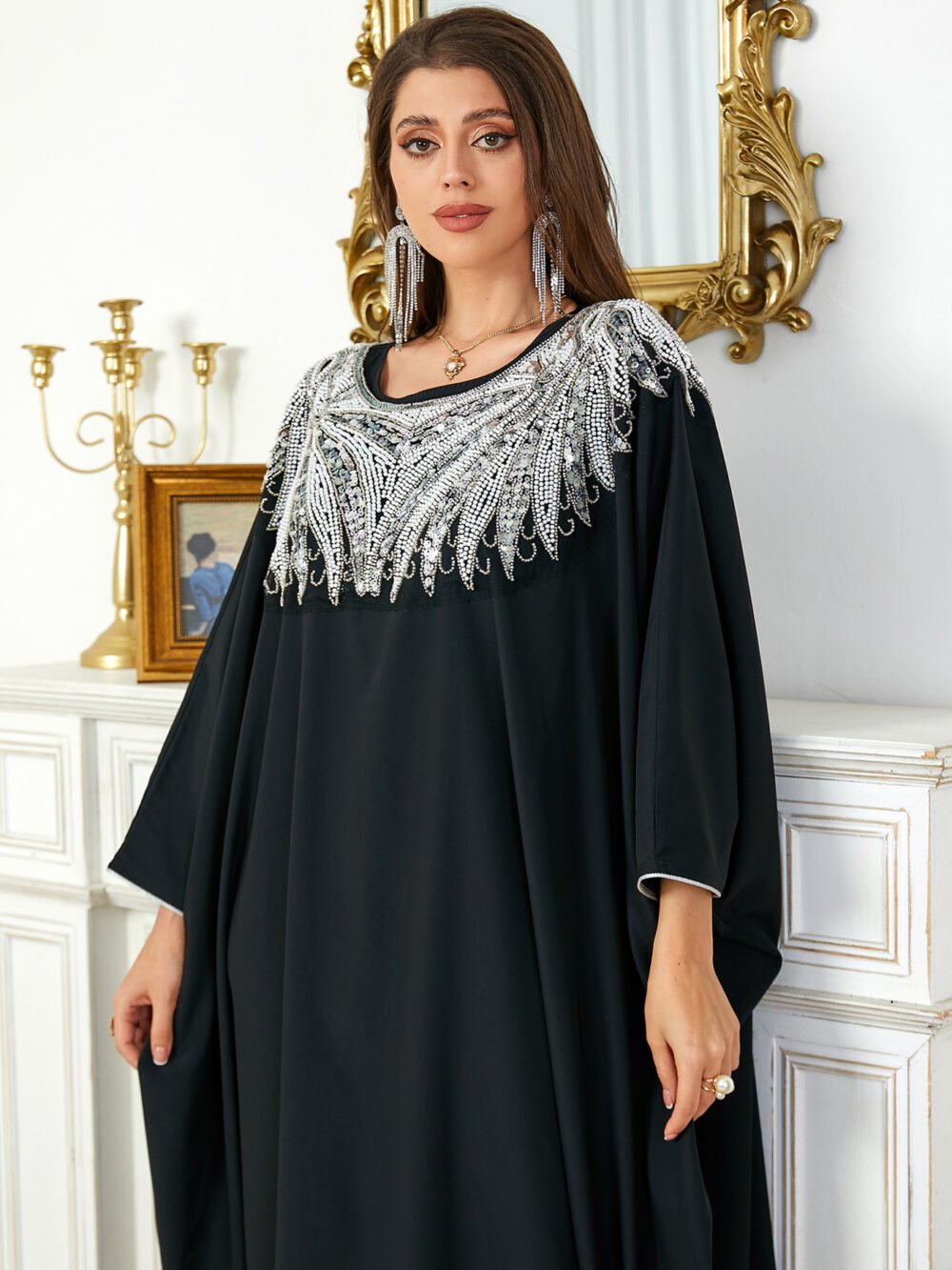 Sequin Beading Embroidered Black Women Muslim Kaftan