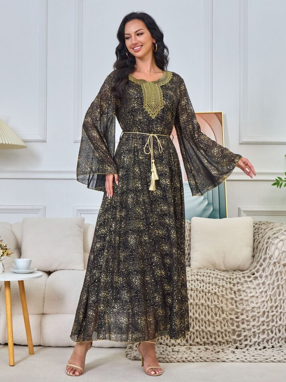 Embroidered Diamonds Muslim Women Black Caftan Dress